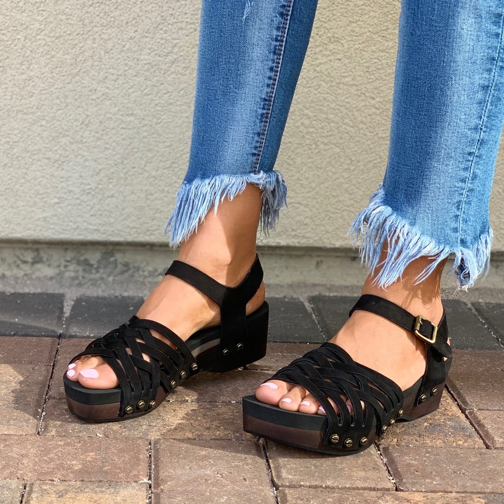 Black Woven Leather Wooden Wedge Platform Clog - Picture 5 of 8